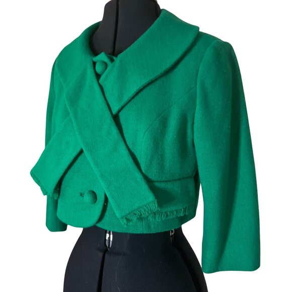 Vintage 1950s Emerald Green Wool Cropped Jacket With Scarf-Like Collar & Button - Picture 1 of 12